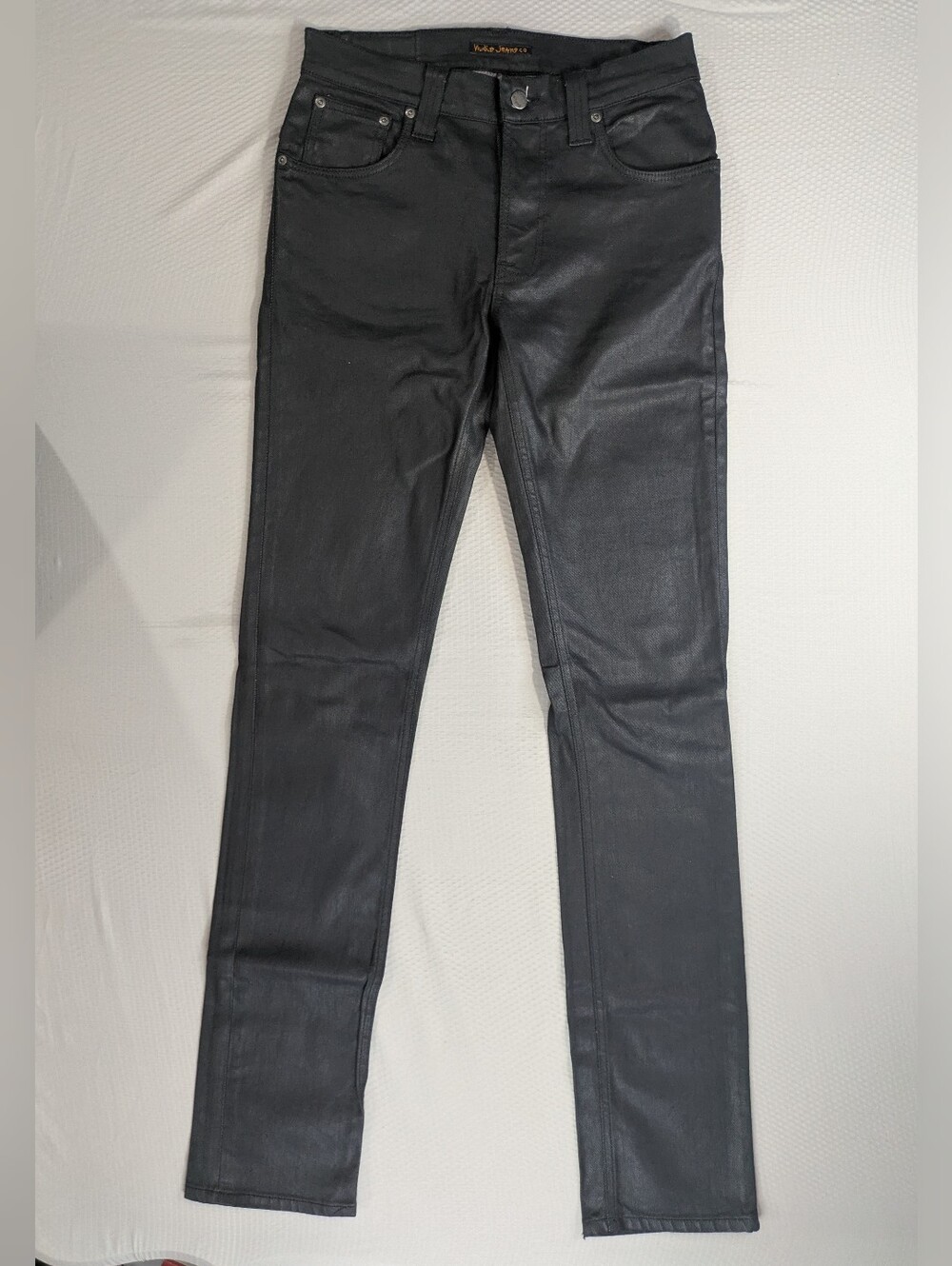 Nudie Jeans Co Thin Finn 30x36 Back 2 Black Coated Waxed Denim Pants